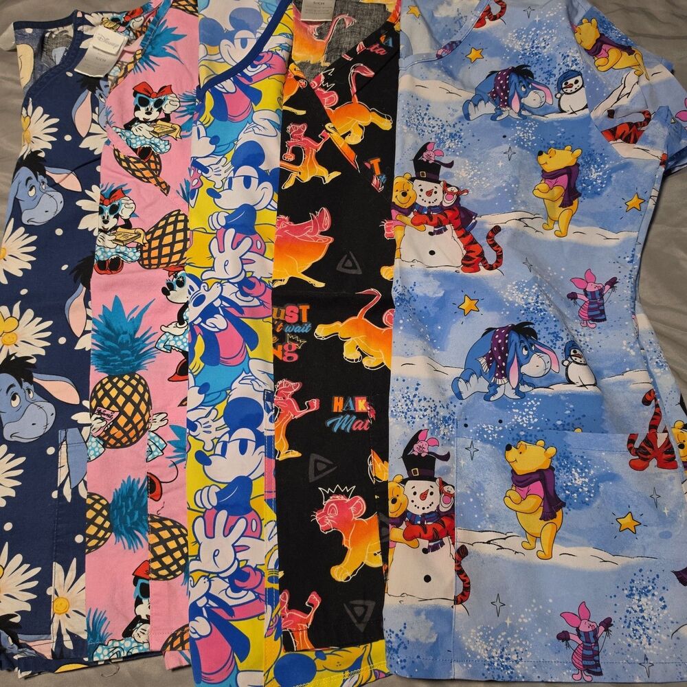 Lot of 5 Disney Scrubs Tops S Mickey Pooh Minnie Eeyore Lion King